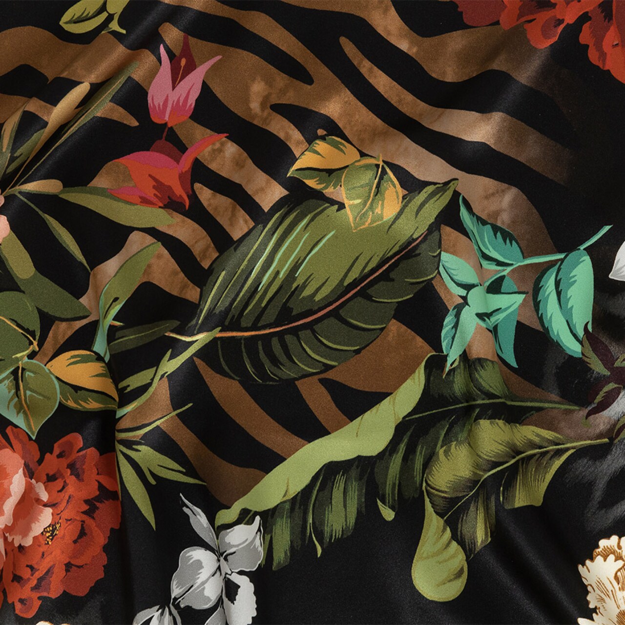 1 Yard Black Red Green Animal Flora Digital Silk Charmeuse Fabric 53 inch Width